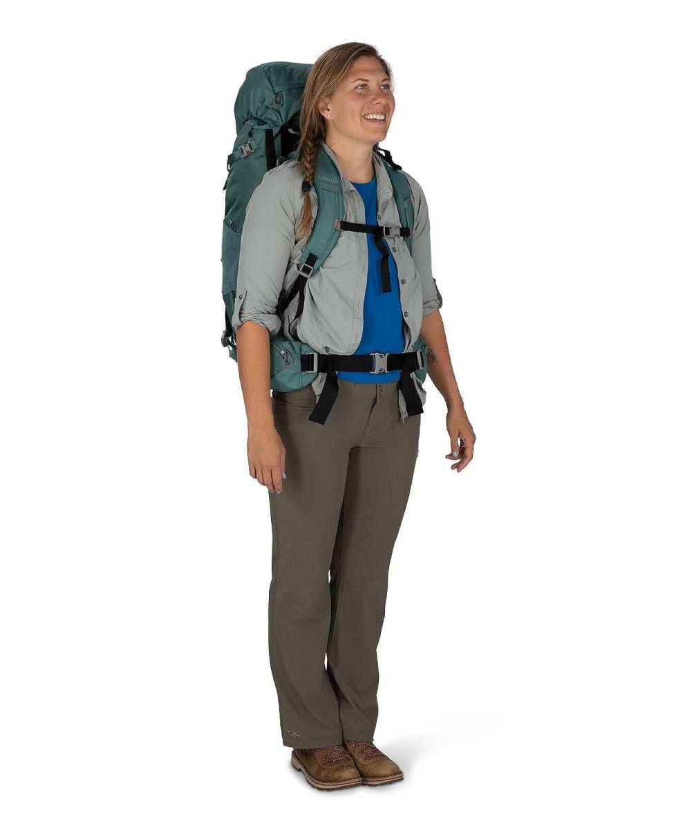 65 liter backpack osprey on people Aura AG Women's Backpack, Berry Sorbet Red / M/L mesh safety pocket with key clip Osprey Atmos AG 65 Backpack